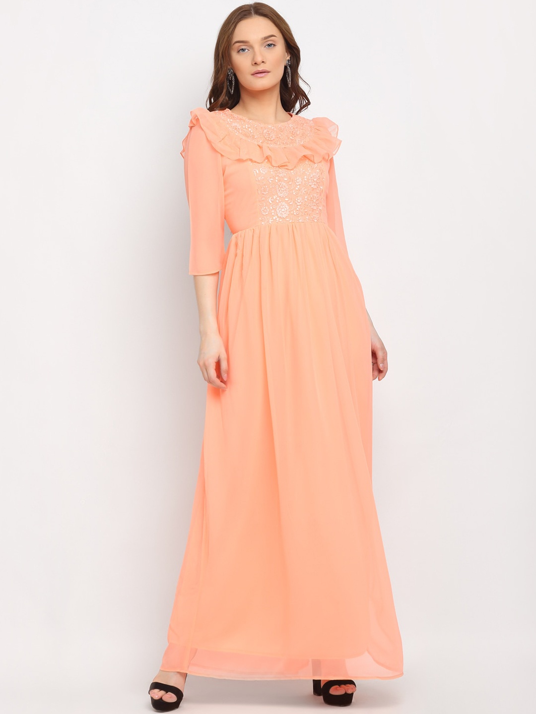 

La Zoire Peach-Coloured Maxi Dress with Ruffled & Lace Details