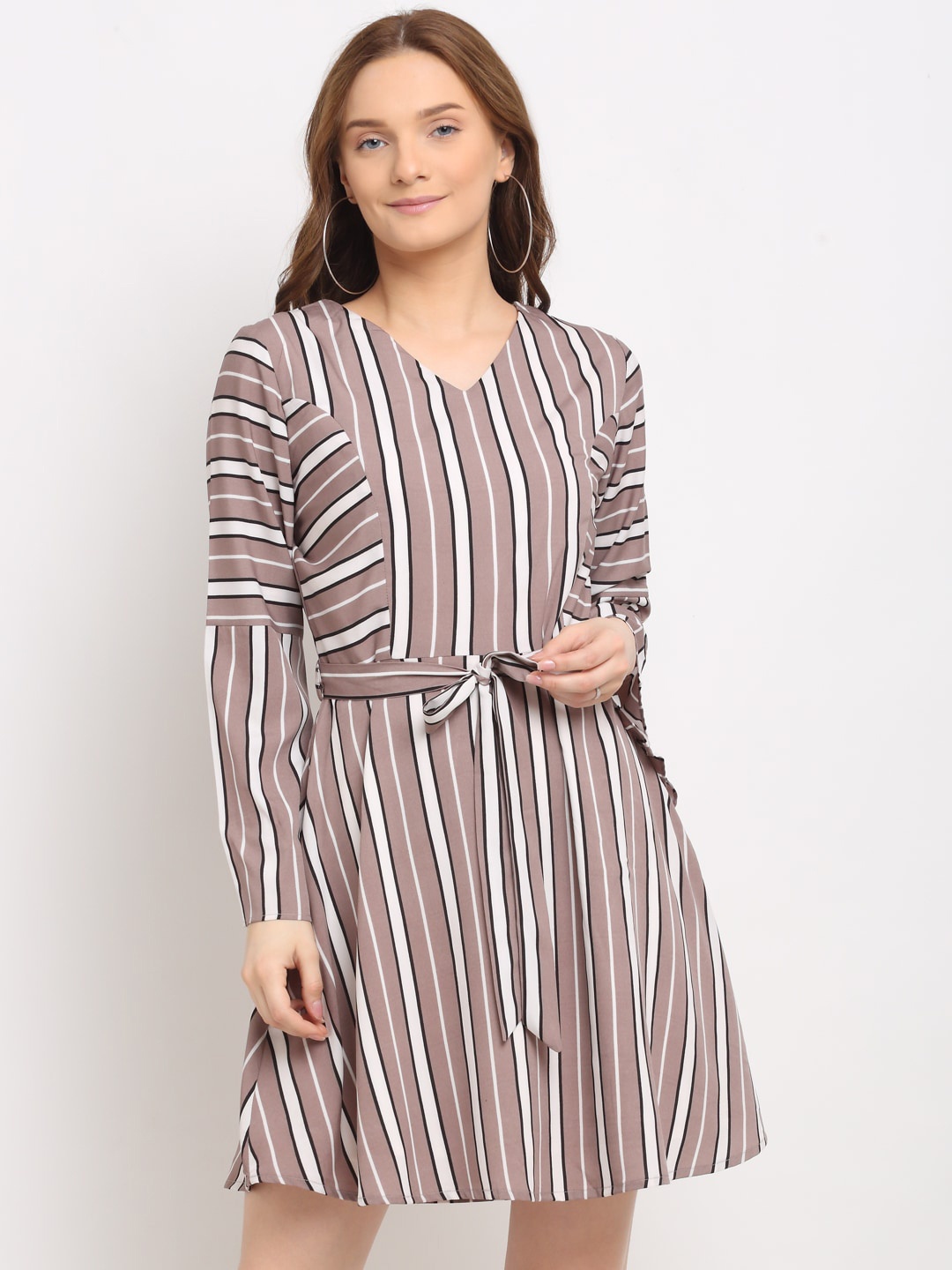 

La Zoire Coffee Brown & White Striped Princess Panel A Line Dress with Tie Up Belt