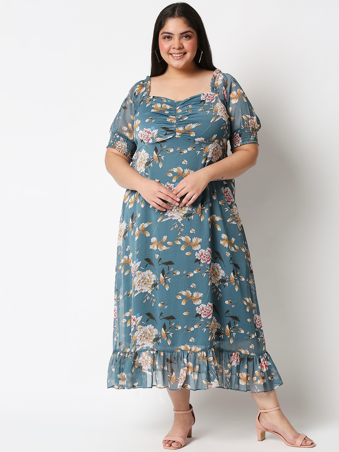 

20Dresses Plus Size Women Green Floral Chiffon Midi Dresses
