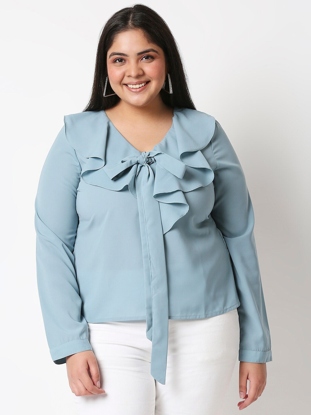 

20Dresses Blue Tie-Up Neck Ruffles Crepe Top