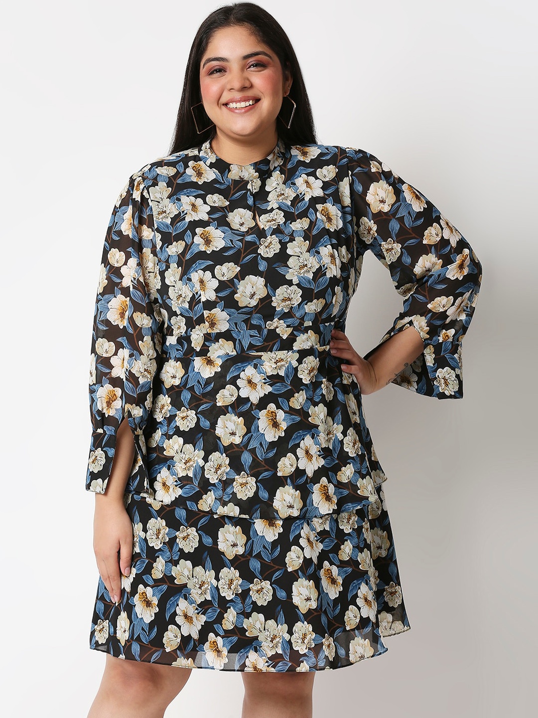 

20Dresses Plus Size Women Black Floral Keyhole Neck Layered Georgette Dresses
