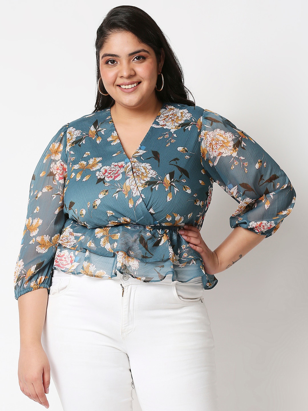 

20Dresses Blue & Yellow Floral Chiffon Wrap Top