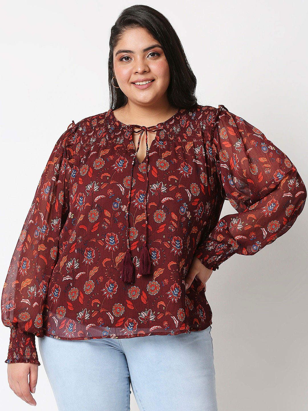 

20Dresses Maroon & Blue Floral Printed Tie-Up Neck Chiffon Top