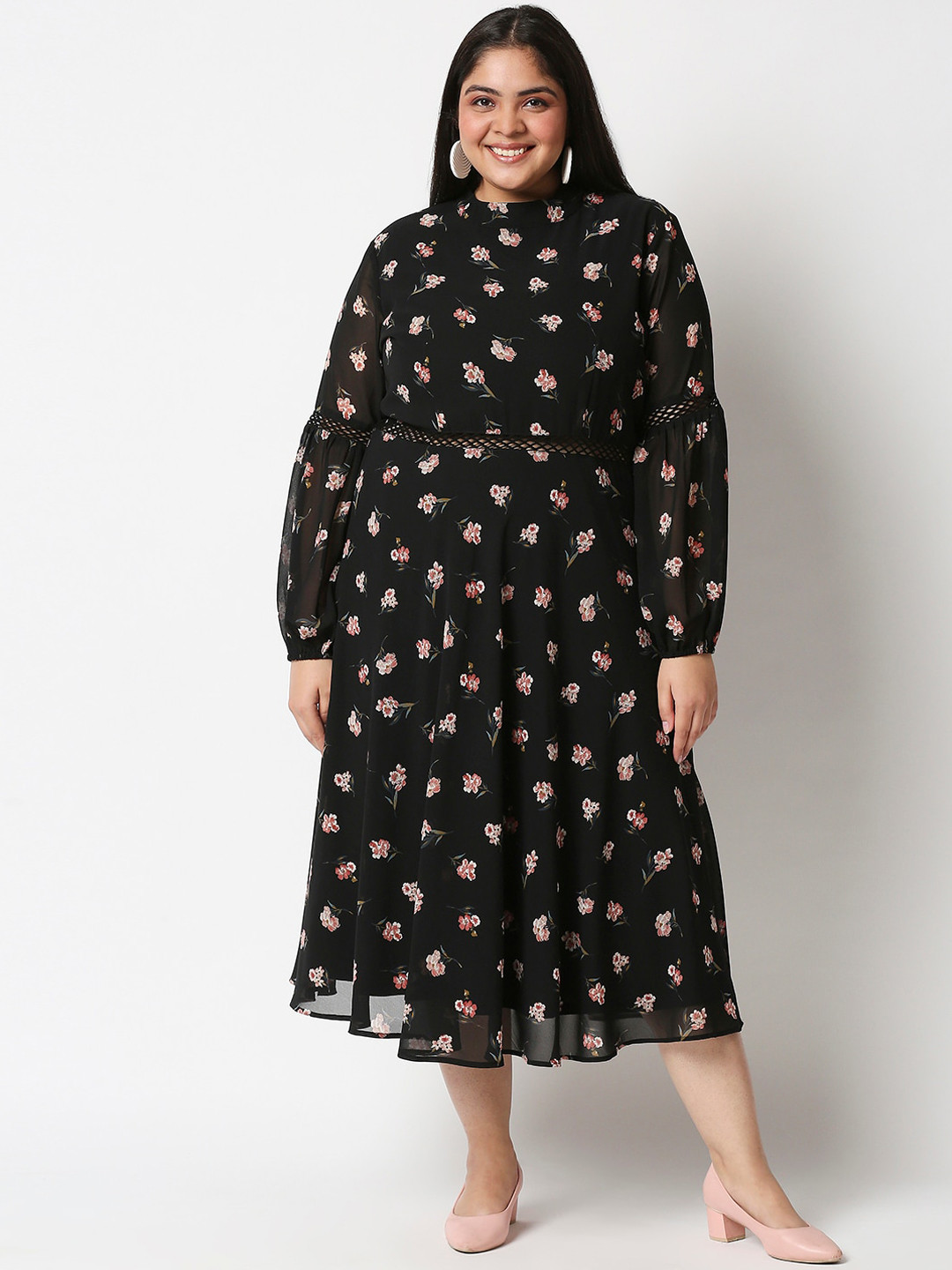 

20Dresses Plus Size Women Black Floral Printed Georgette Midi Dresses