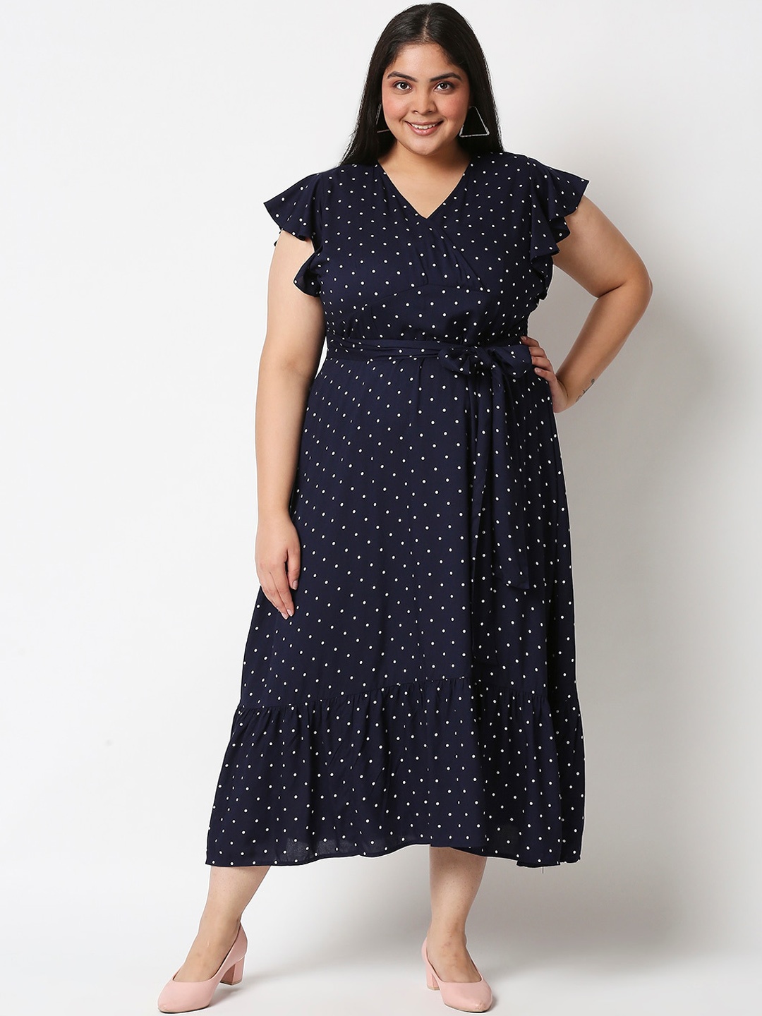 

20Dresses Plus Size Women Blue & White Polka Dot Printed Belted Midi Dresses