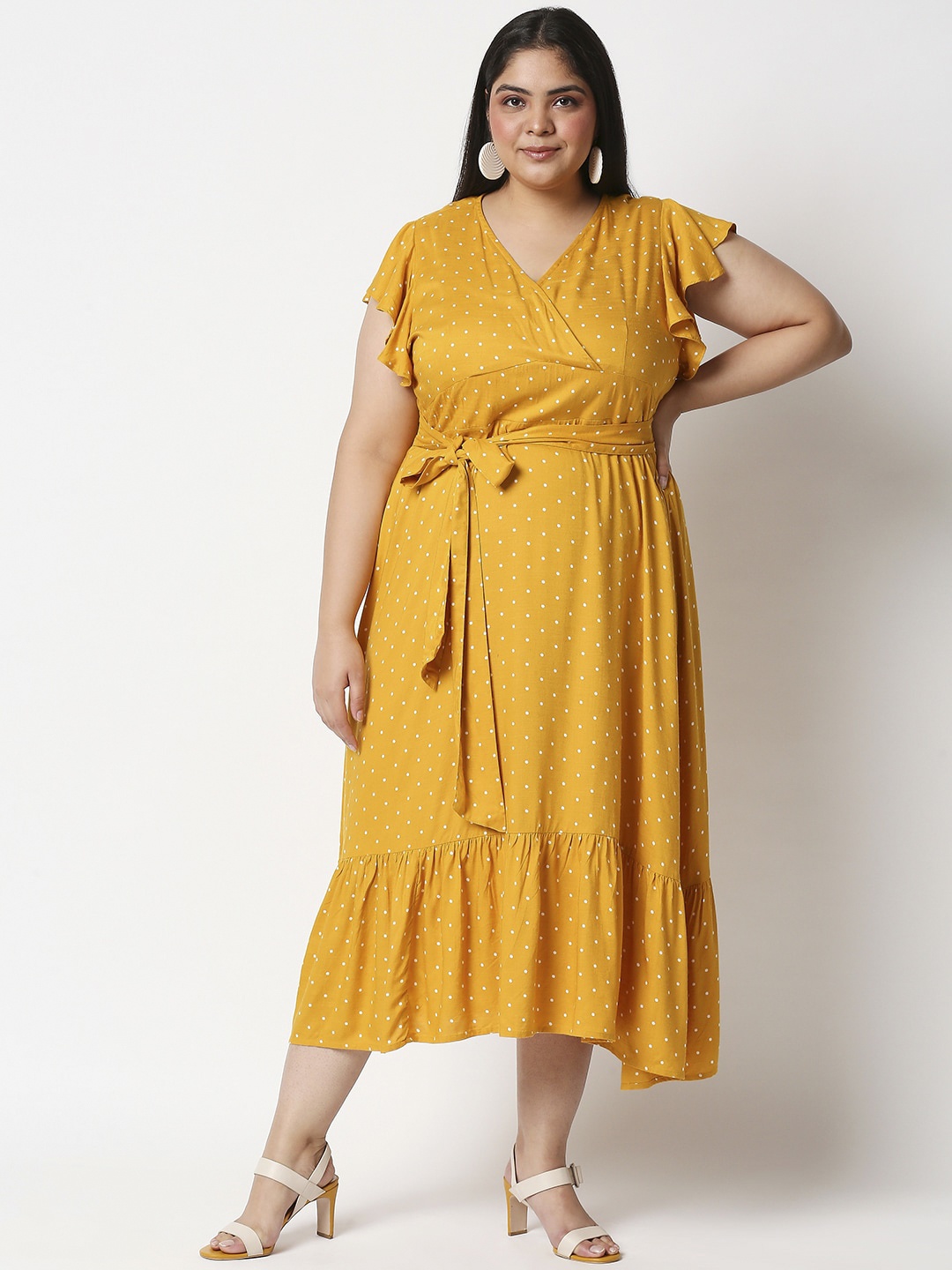 

20Dresses Plus Size Women Yellow & White Polka Dot Printed Belted Midi Dresses