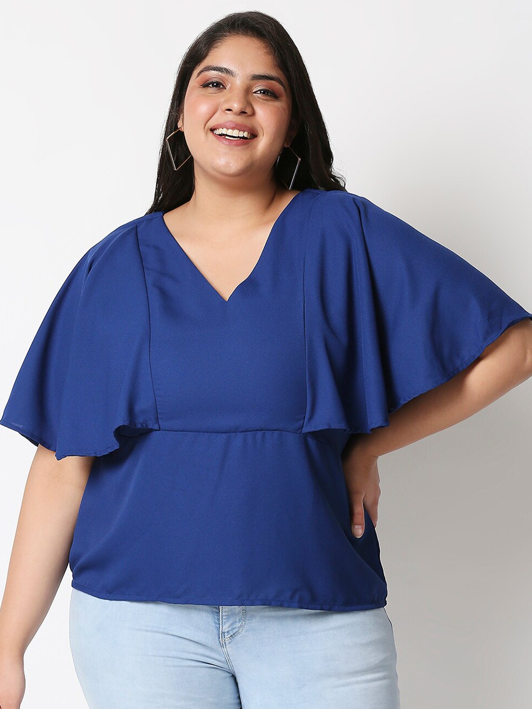 

20Dresses Plus Size Women Blue Flared Sleeve Crepe Cinched Waist Top