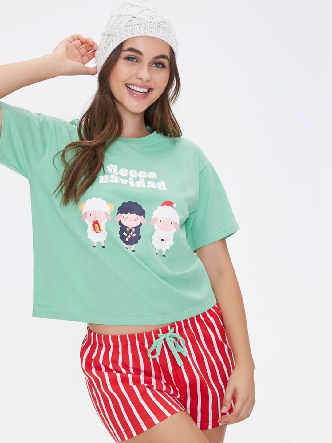 

FOREVER 21 Women Green & Red Printed Night Suit Set, Sea green