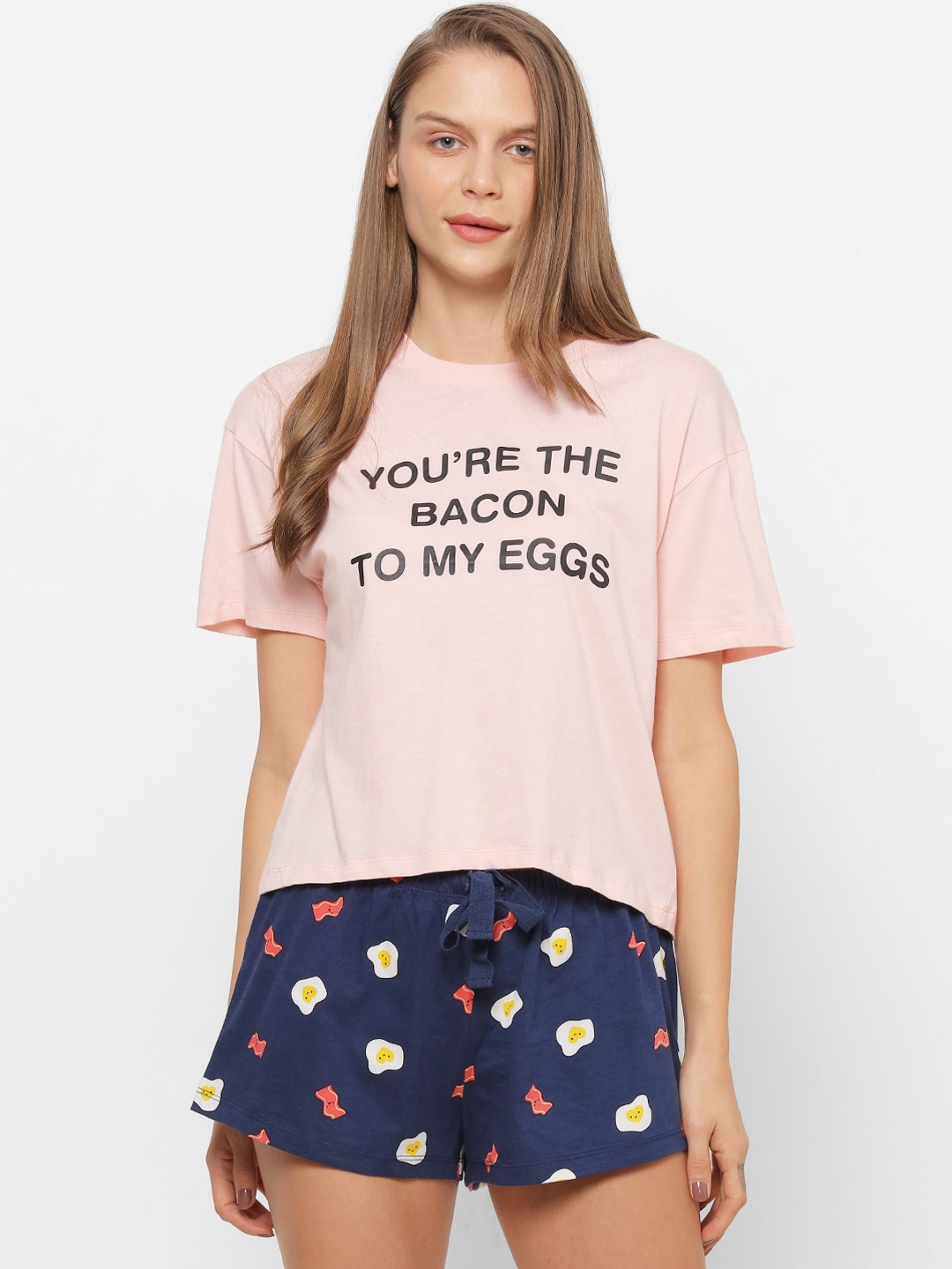 

FOREVER 21 Women Pink & Navy Blue Printed Night suit