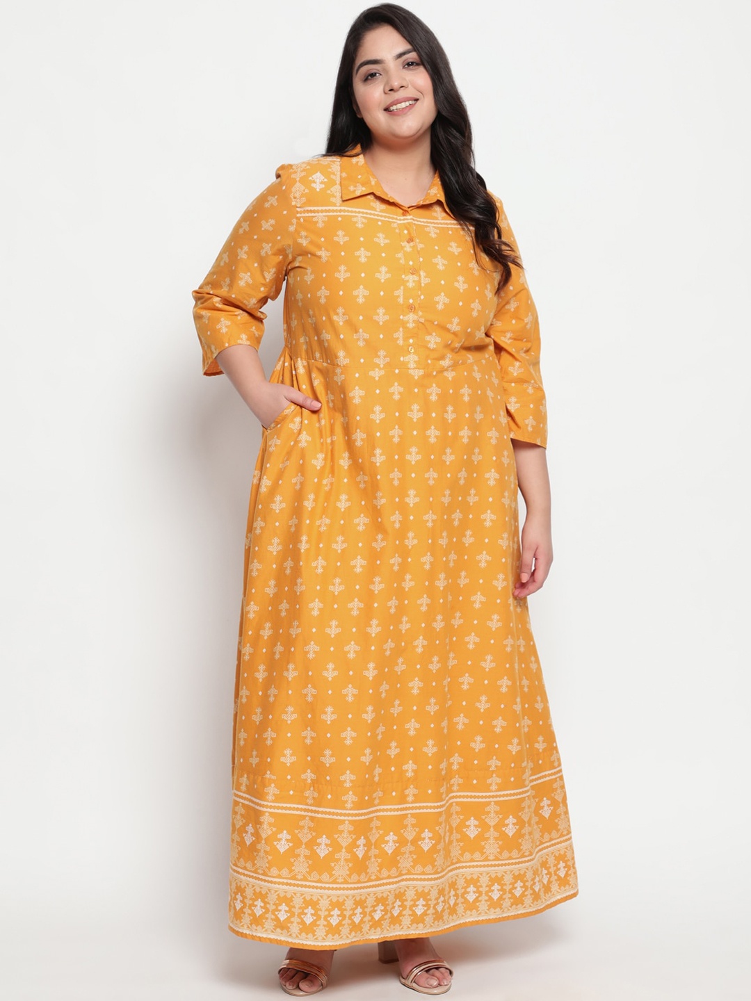 

Amydus Women Plus Size Mustard Yellow and White Ethnic Motifs Printed Maxi Dress