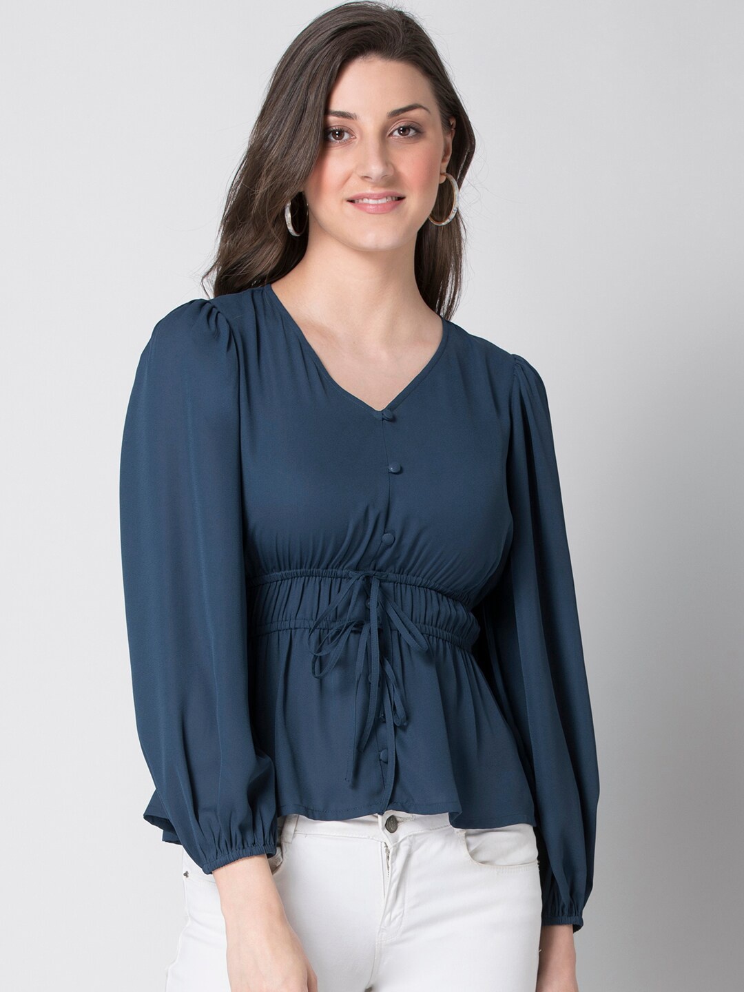 

FabAlley Women Blue Puff Sleeve Peplum Tie-Ups Top