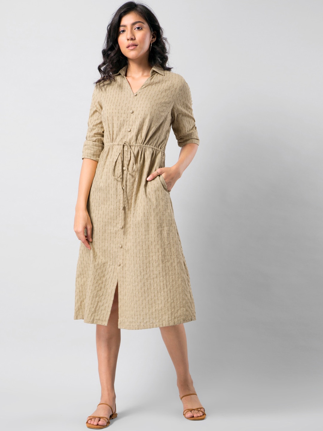 

FabAlley Women Beige Self Design Shirt Style Midi Dress