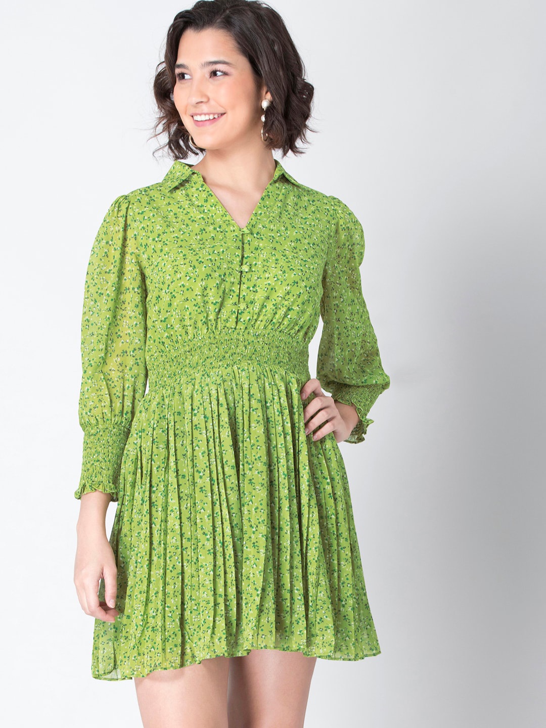 

FabAlley Women Green Floral Printed Georgette Smocked Fit & Flare Dress