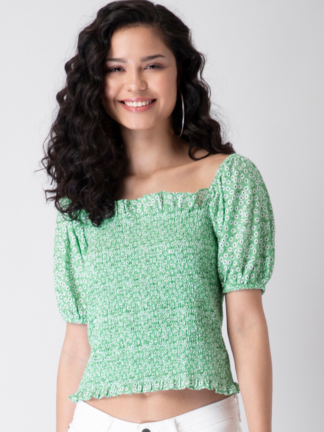 

FabAlley Women Green Floral Puff Sleeve Regular Crop Top