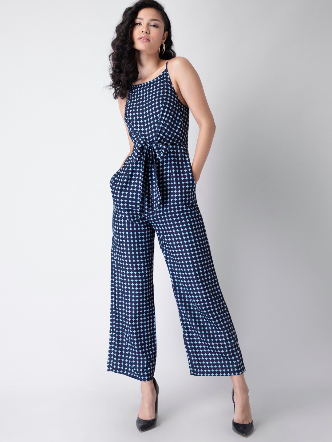 

FabAlley Navy Blue Printed Basic Jumpsuit