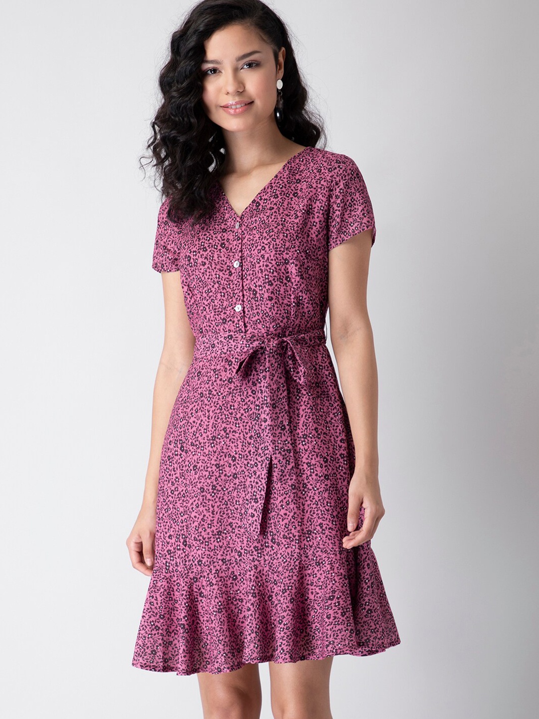 

FabAlley Women Pink Floral Crepe A-Line Flounce Dress