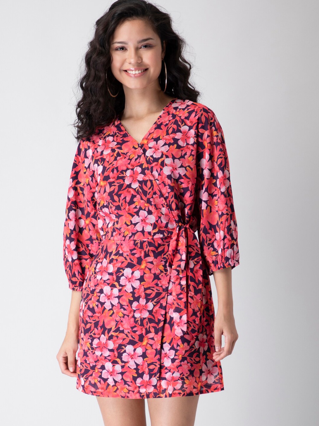 

FabAlley Women Red Floral Printed Georgette Wrap Dress