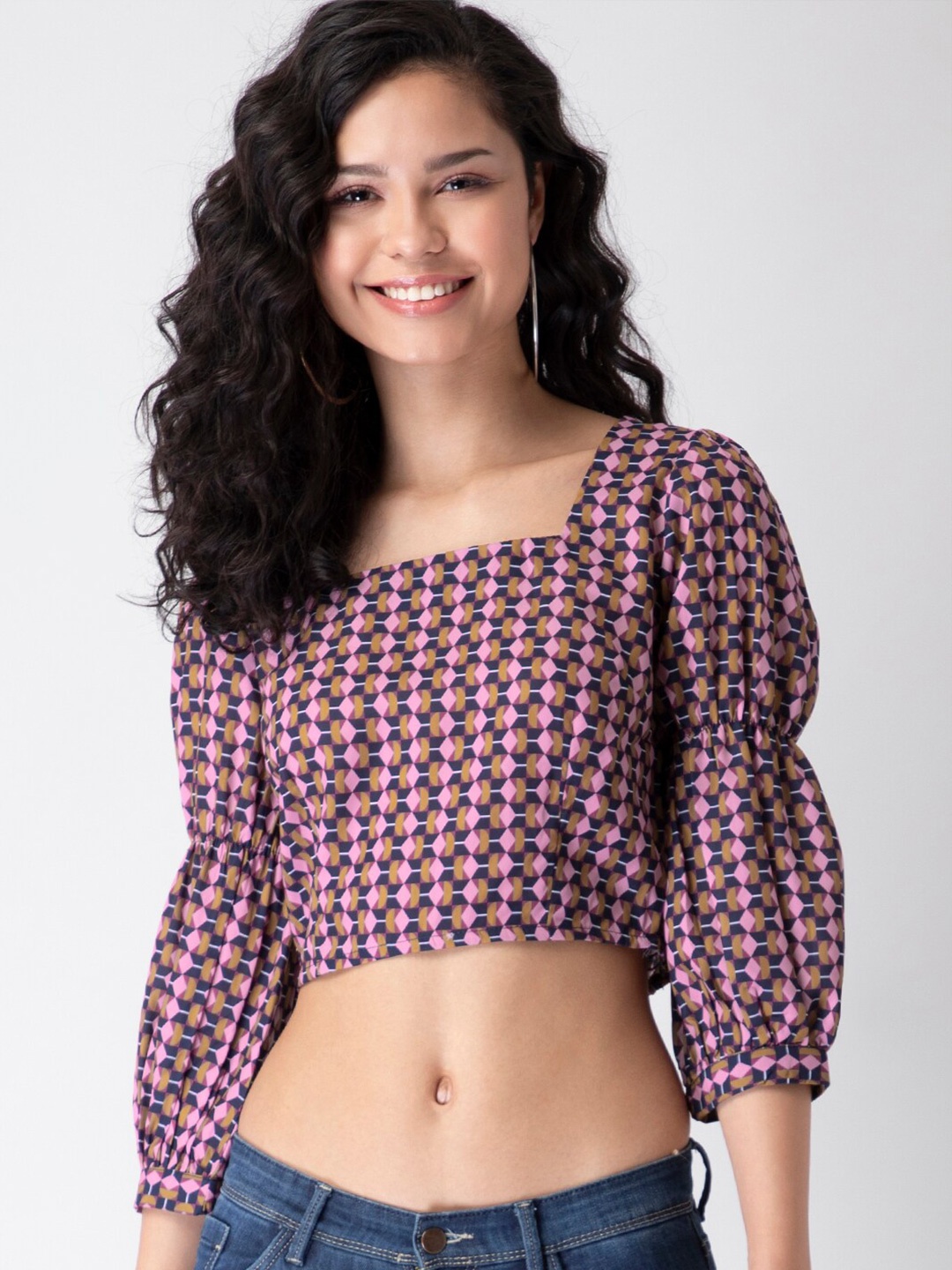 

FabAlley Women Pink & Navy Blue Geometric Smocked Crop Top