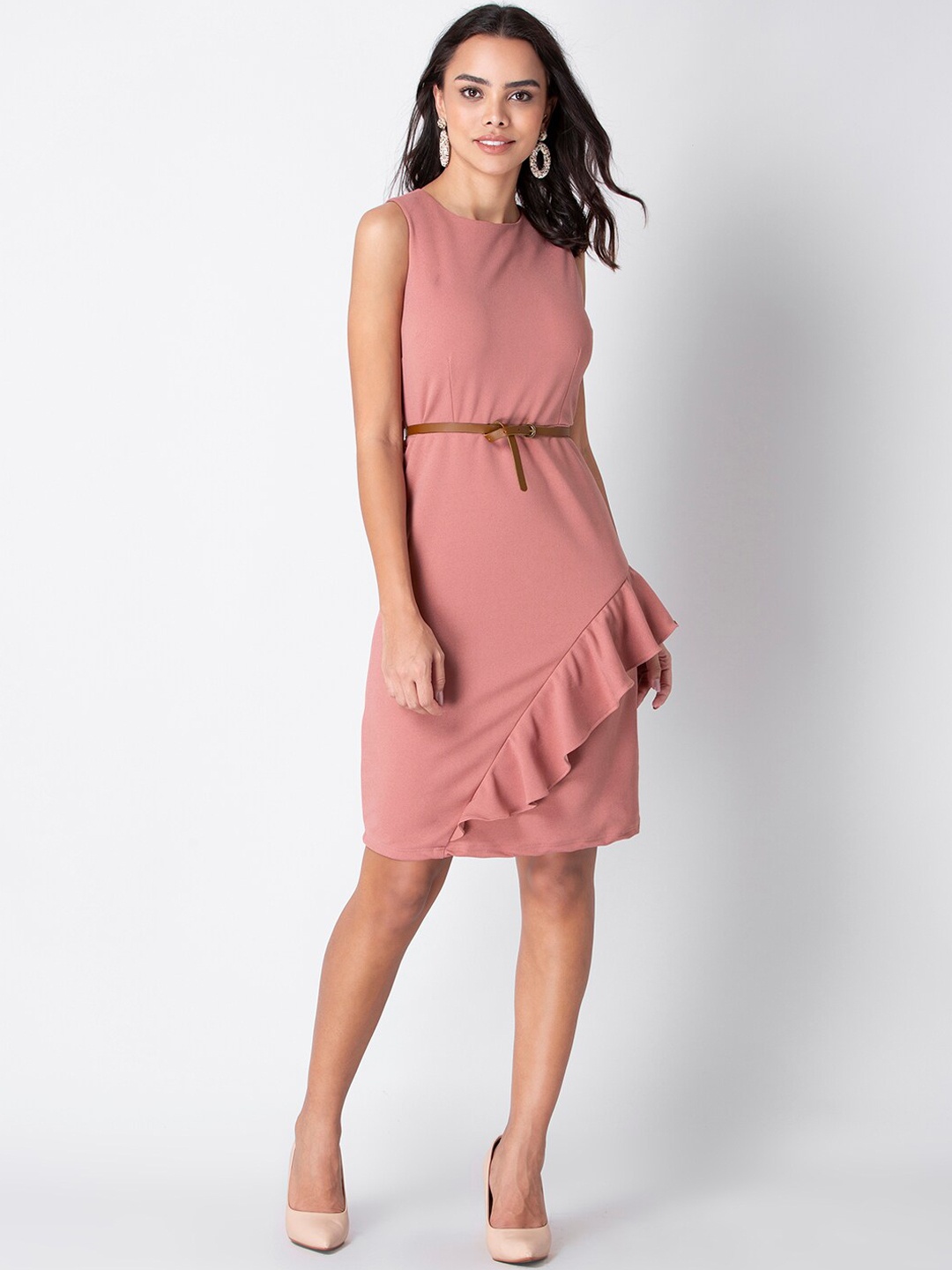 

FabAlley Women Pink Ruffled Sheath Dress with Tan Belt