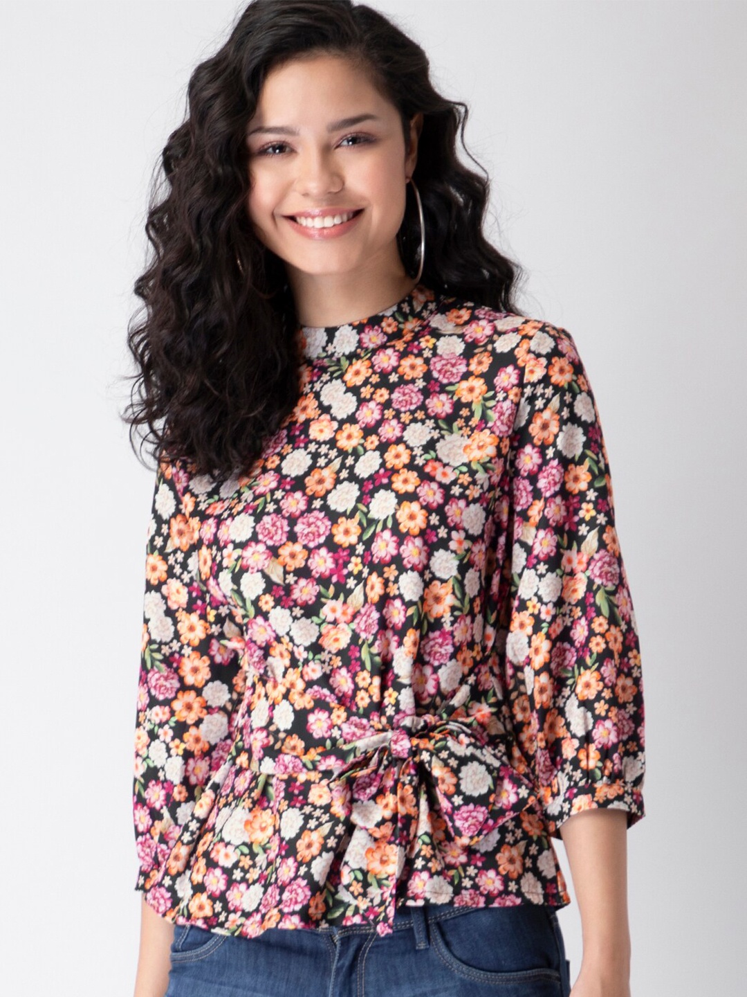 

FabAlley Multicoloured & Pink Floral Tie-Ups Regular Top, Multi