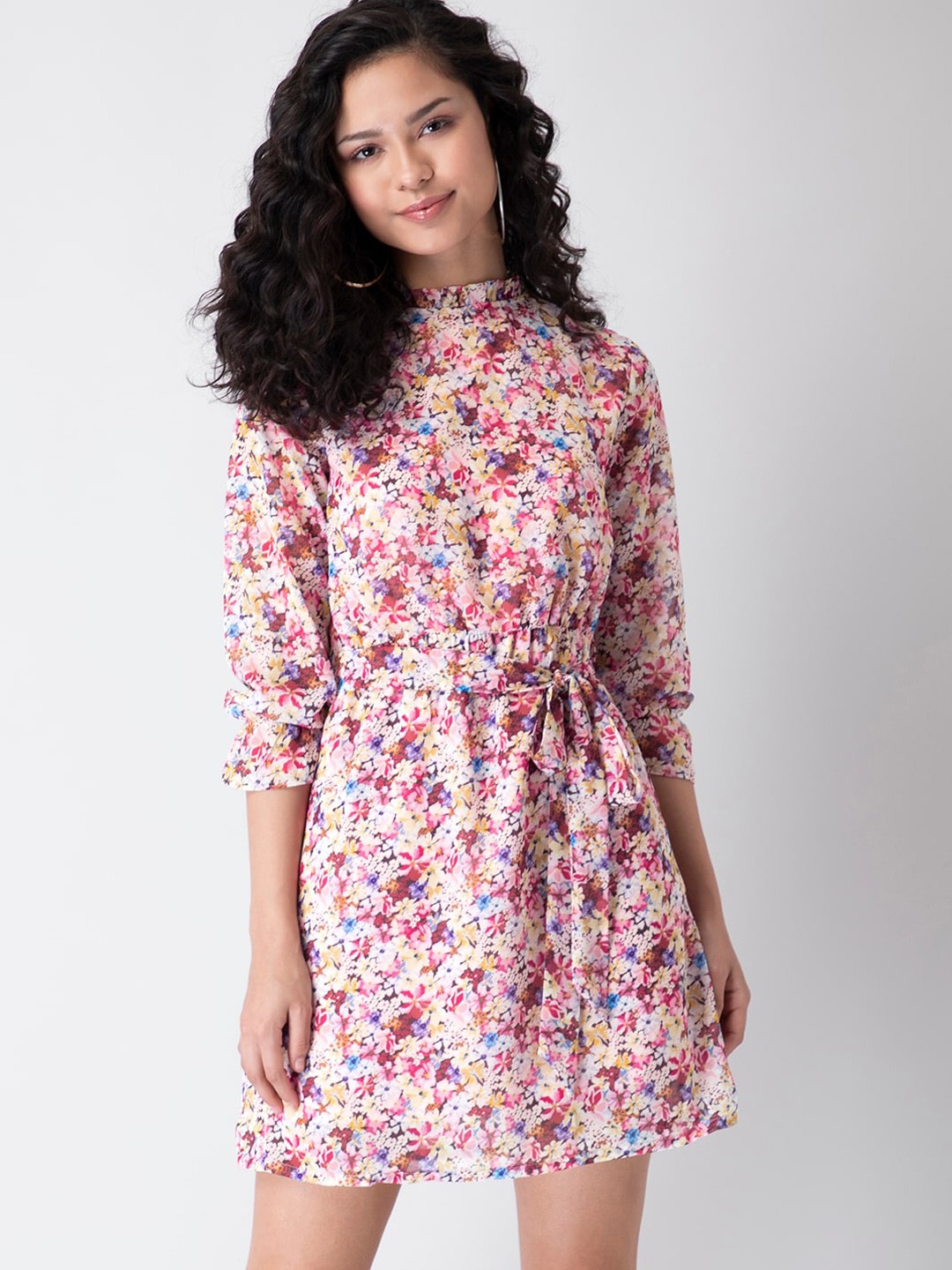 

FabAlley Women Multicoloured Floral Mock Neck Georgette Fit and Flare Dress, Multi