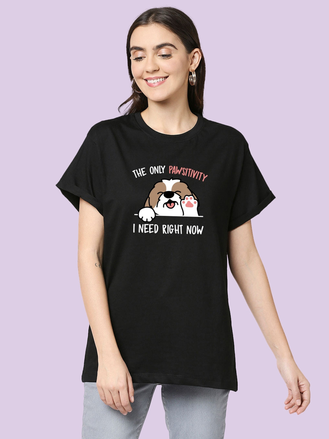 

Bewakoof Women Black Only Pawsitivity Typography Printed Pure Cotton Pure Cotton Boyfriend T-Shirt