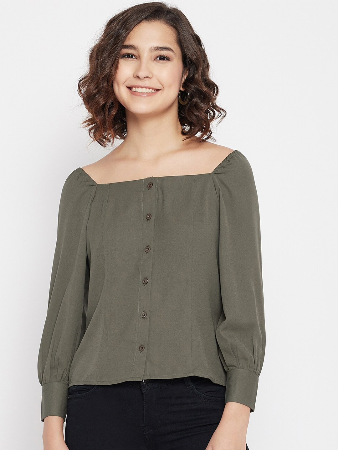 

PURYS Women Olive Green Regular Top