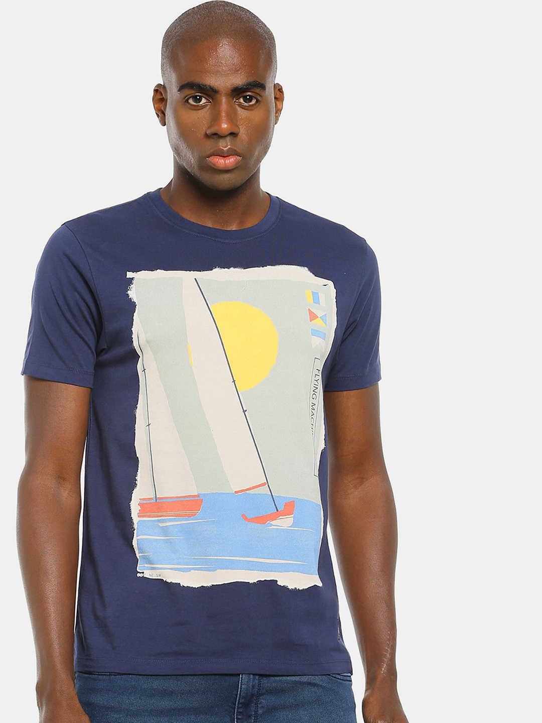 

Flying Machine Men Blue Off White Printed Tropical Pure Cotton T-shirt