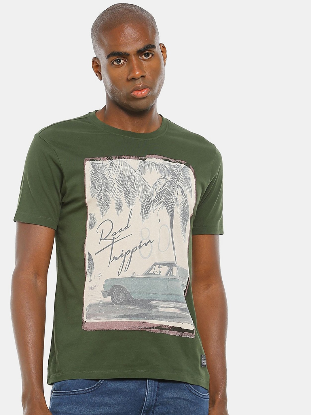 

Flying Machine Men Olive Green Beige Printed Tropical Pure Cotton T-shirt