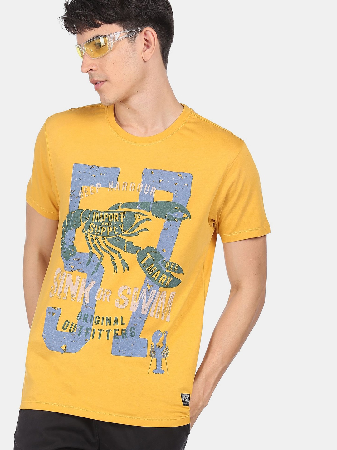

Flying Machine Men Yellow Blue Typography Printed Pure Cotton T-shirt