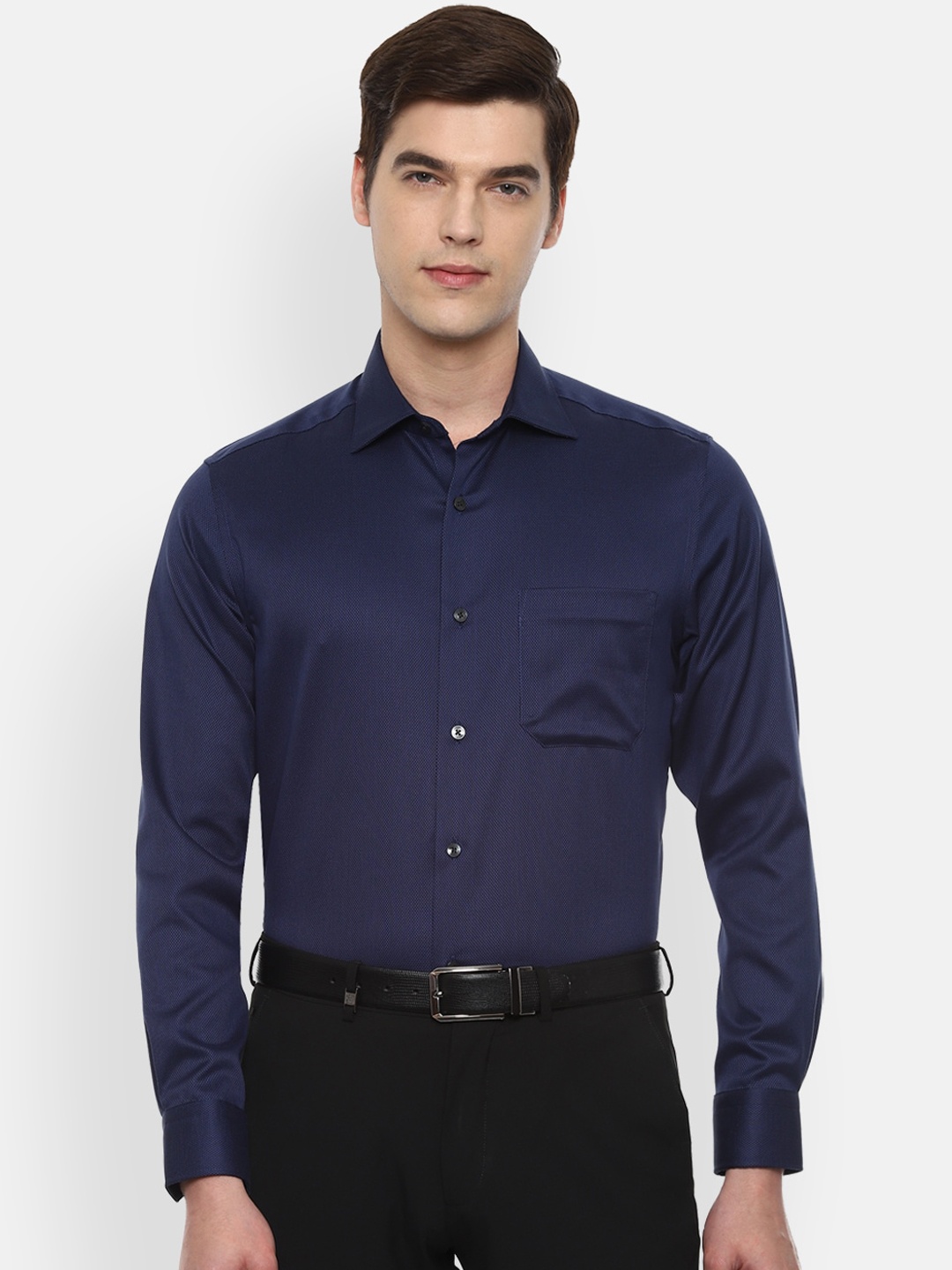 

Louis Philippe Permapress Men Navy Blue Self Design Formal Shirt