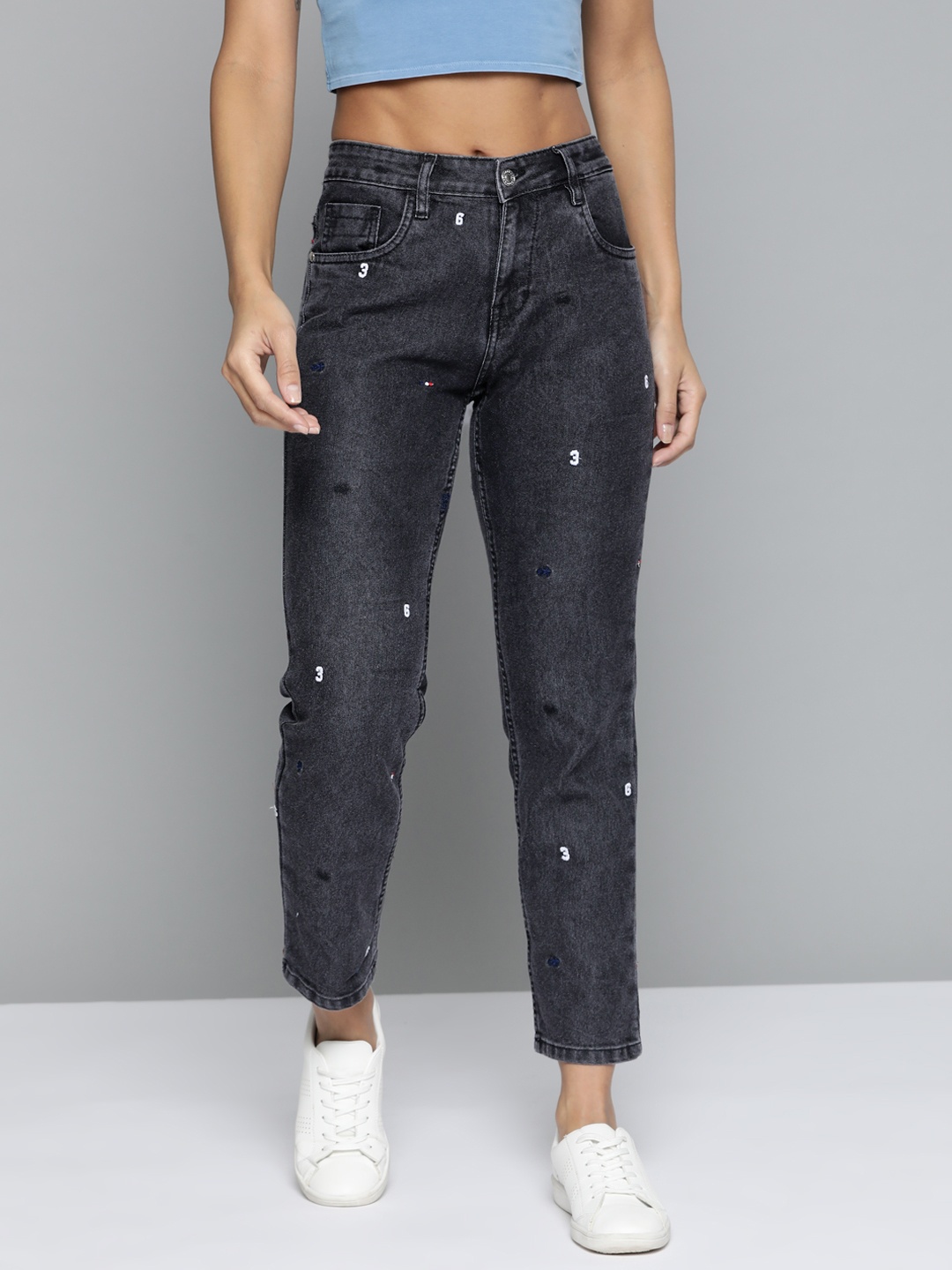 

Harvard Women Charcoal Grey Embroidered Stretchable Regular Fit Jeans