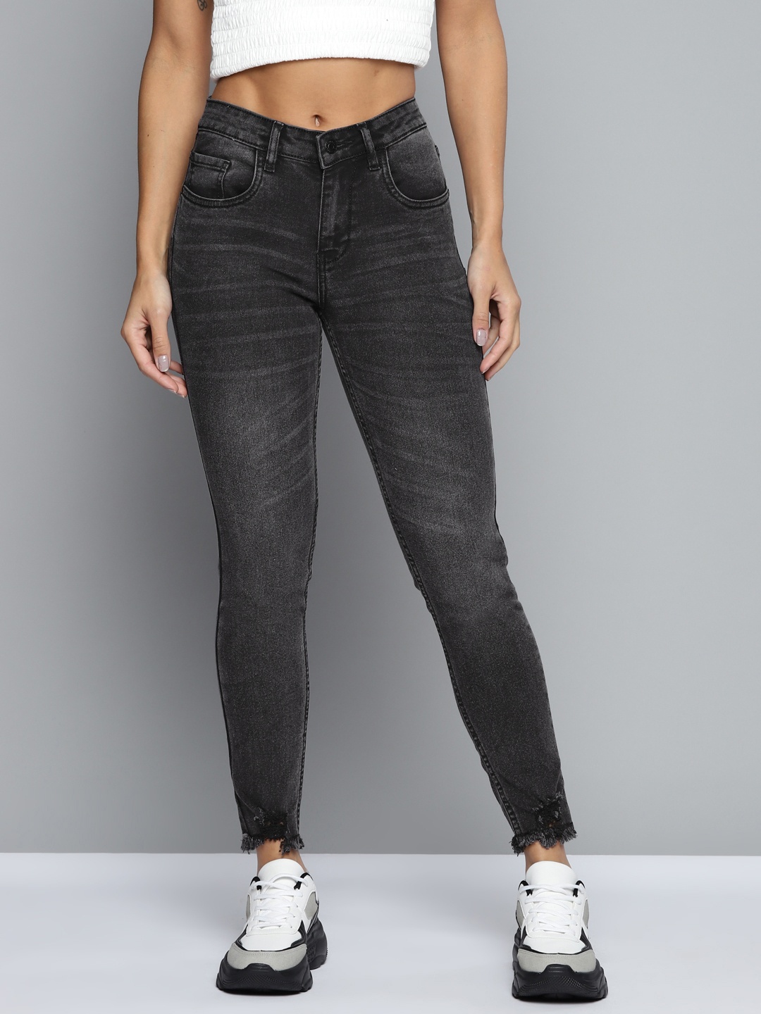 

Harvard Women Charcoal Grey Skinny Fit Low Distress Light Fade Jeans