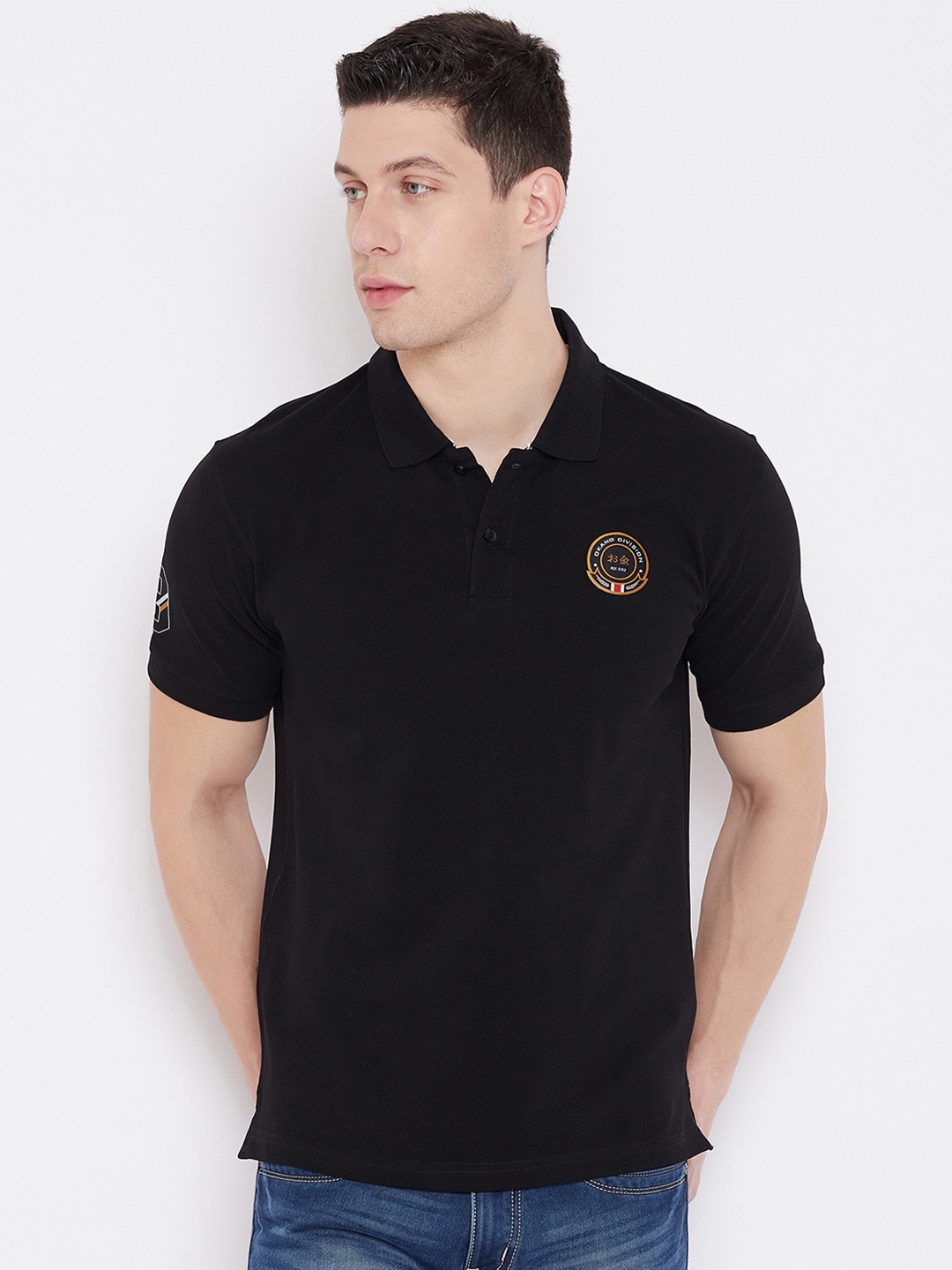 

Okane Men Black Polo Collar Applique T-shirt