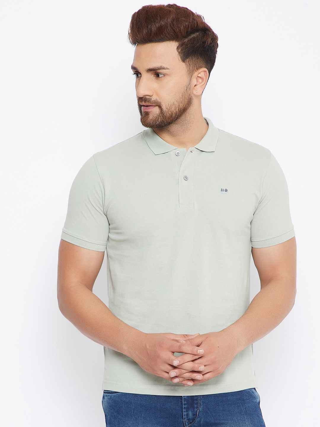 

Okane Men Green Polo Collar T-shirt