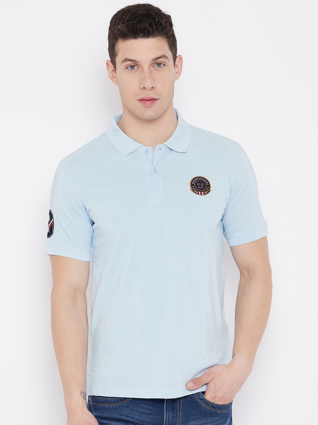 

Okane Men Blue Polo Collar Applique T-shirt