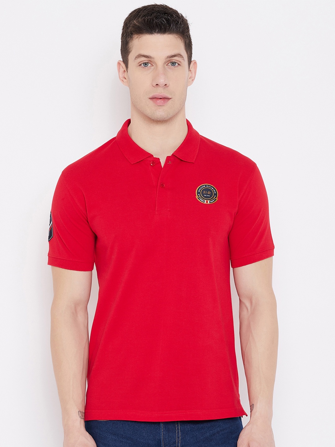 

Okane Men Red Polo Collar Applique T-shirt