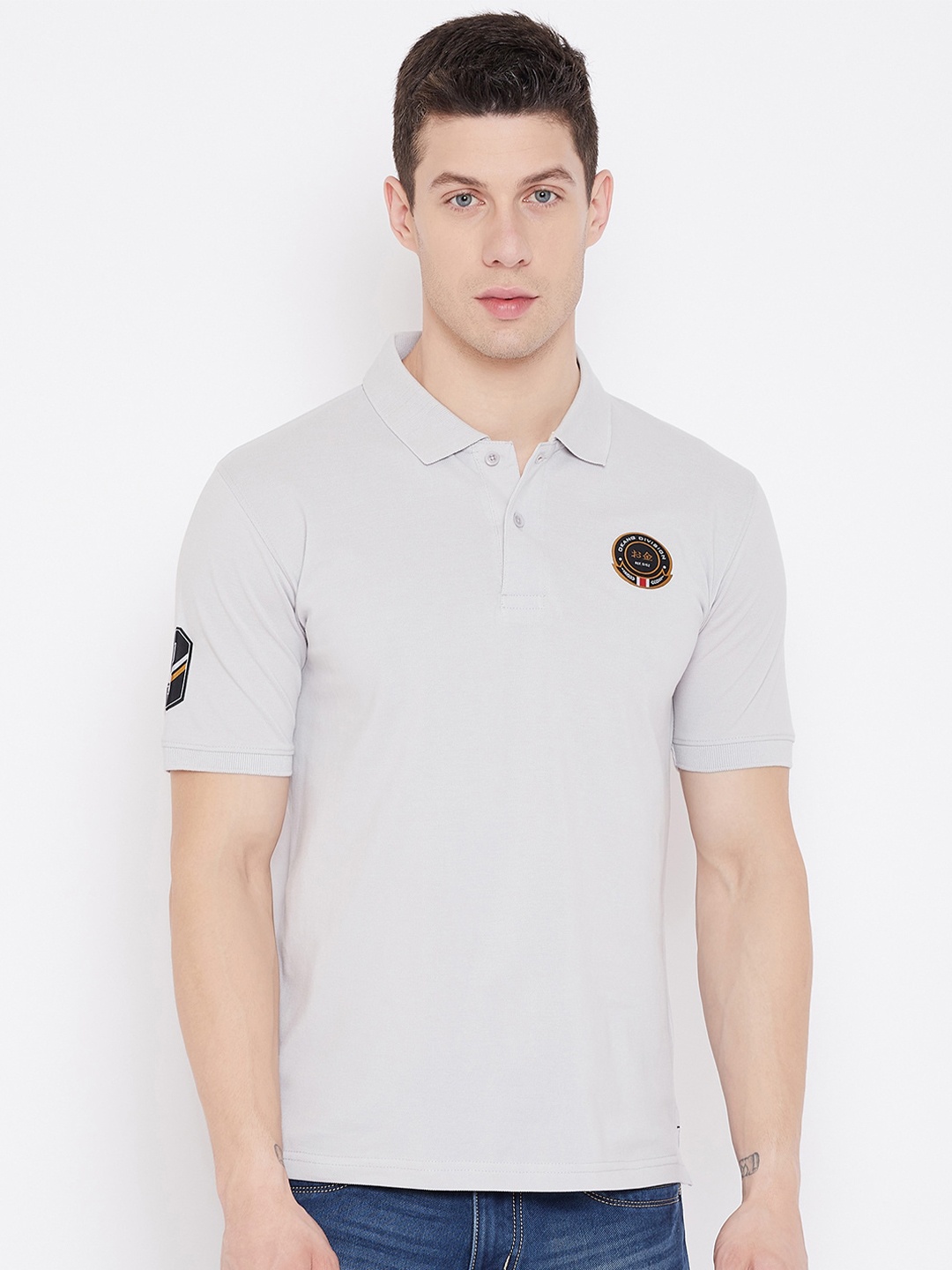 

Okane Men Grey Polo Collar Applique T-shirt