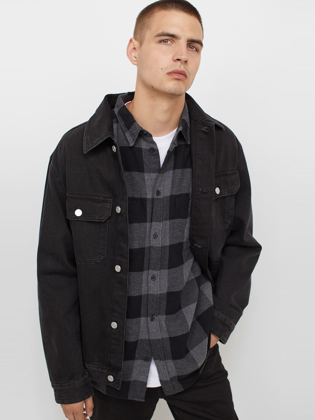 

H&M Men Grey & Black Regular Fit Pure Cotton Flannel shirt