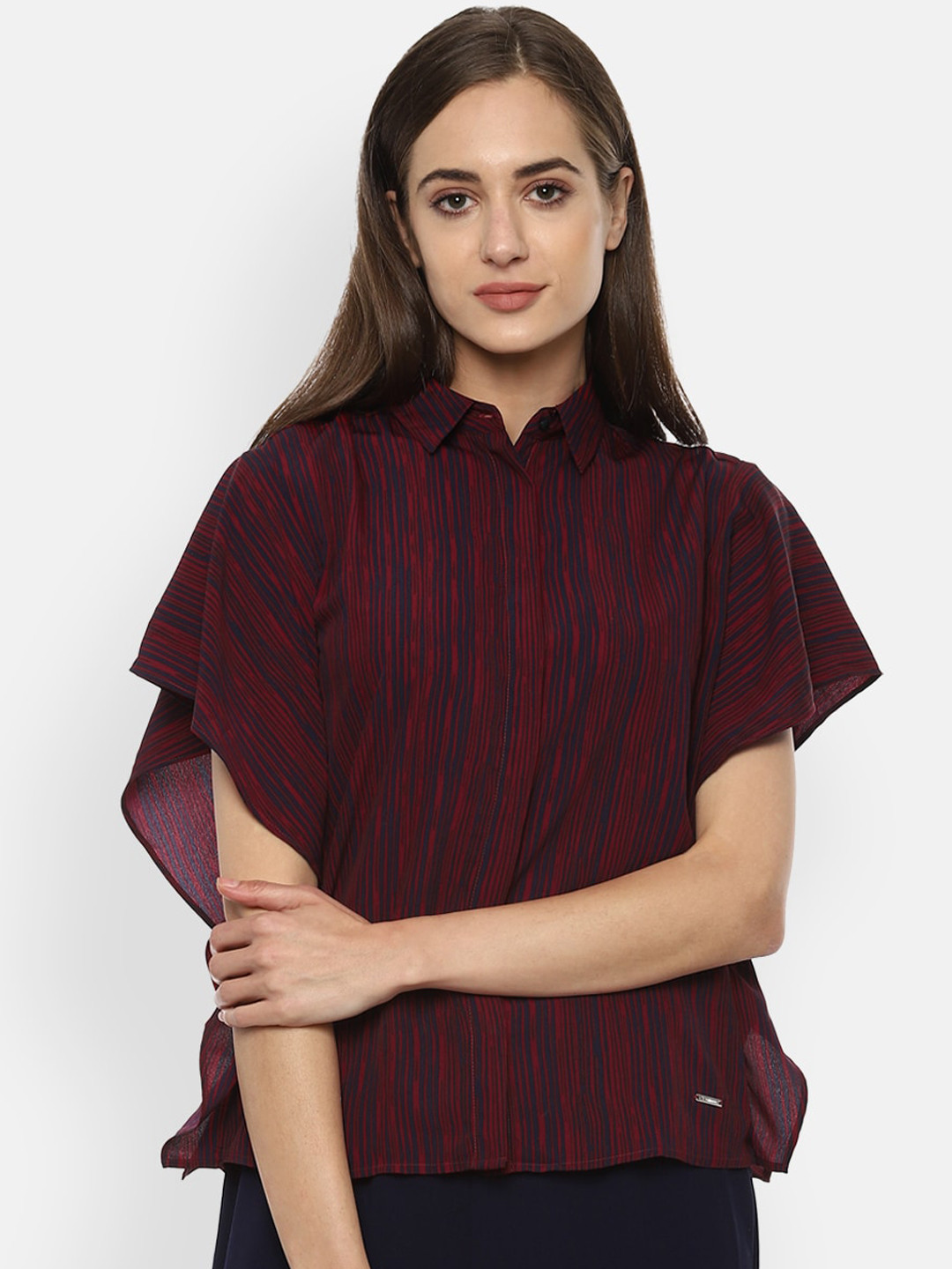 

Van Heusen Woman Women Maroon Striped Extended Sleeve Casual Shirt