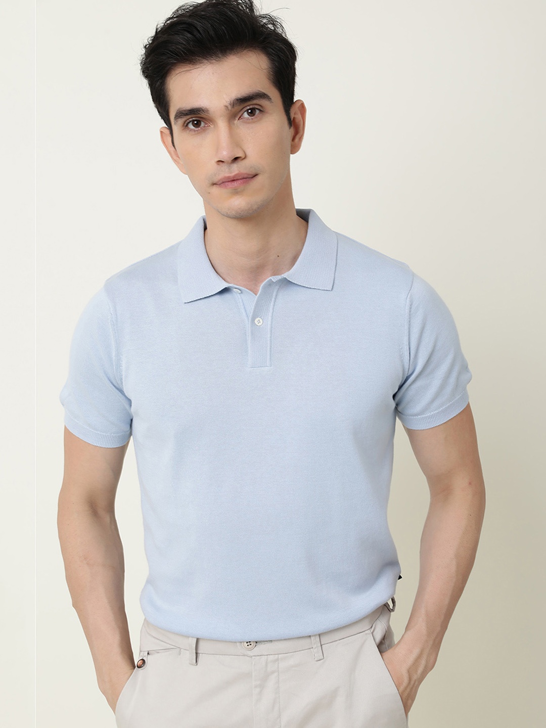 

RARE RABBIT Men Ark Slim Fit Solid Polo Collar Pure Cotton T-Shirt, Blue