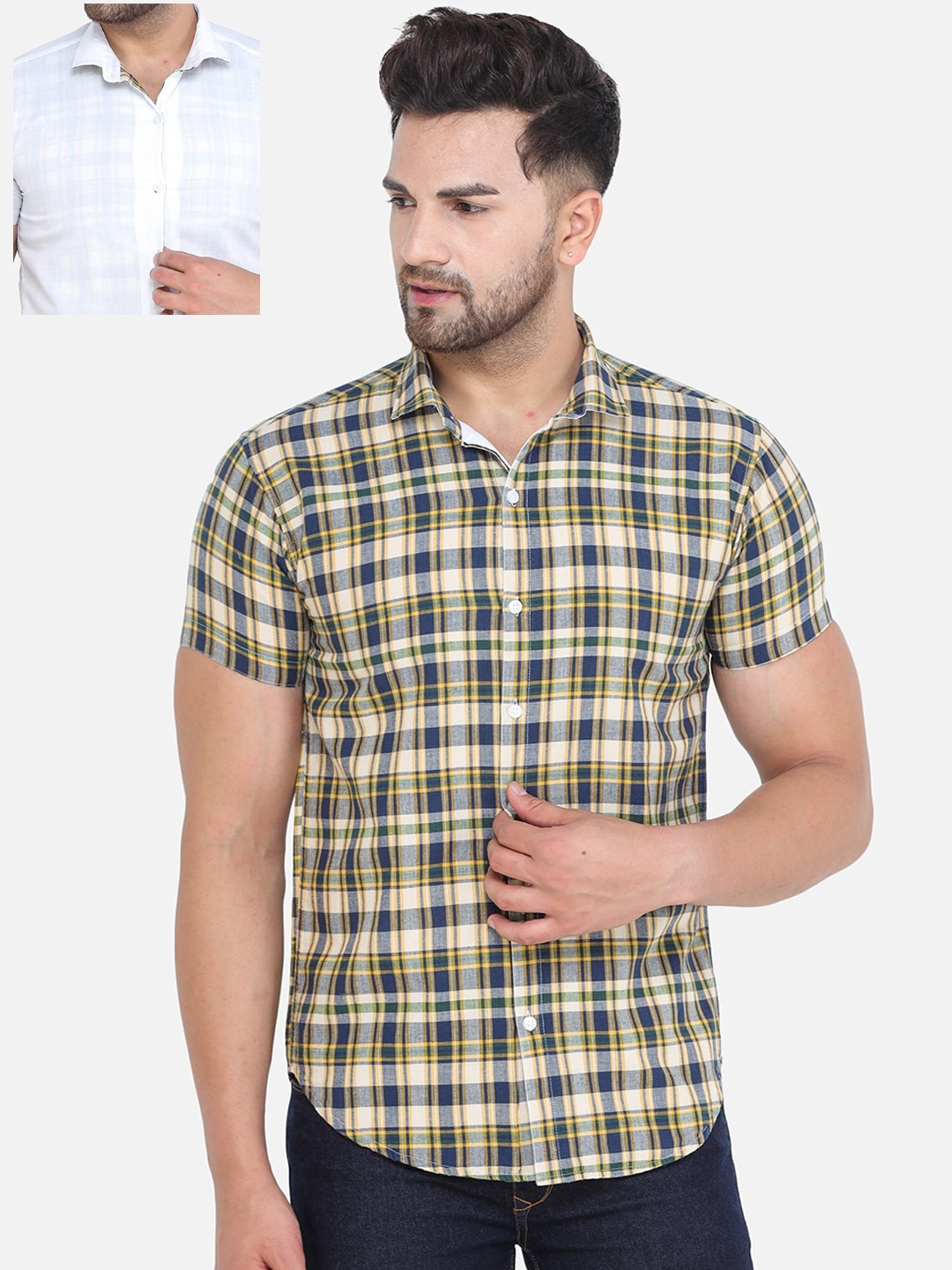 

COLVYNHARRIS JEANS Men Yellow & White Slim Fit Tartan Checked Casual Reversible Shirt