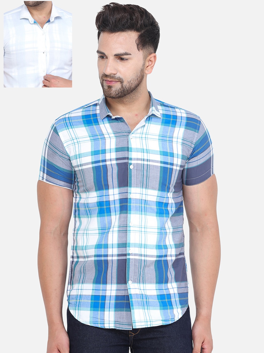 

COLVYNHARRIS JEANS Men Blue Slim Fit Tartan Checked Casual Reversible Shirt