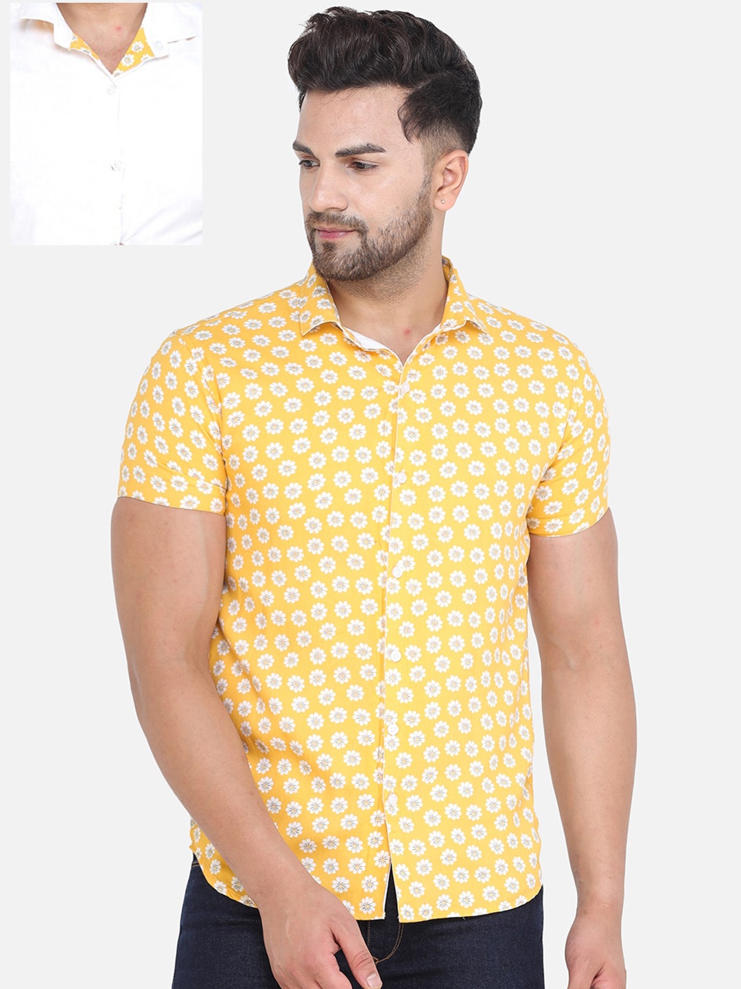 

COLVYNHARRIS JEANS Men Yellow & White Slim Fit Floral Printed Casual Reversible Shirt