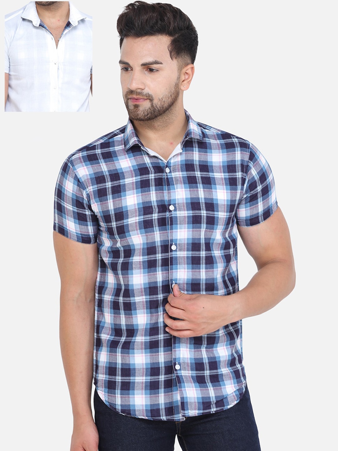 

COLVYNHARRIS JEANS Men Navy Blue Slim Fit Tartan Checked Casual Reversible Shirt