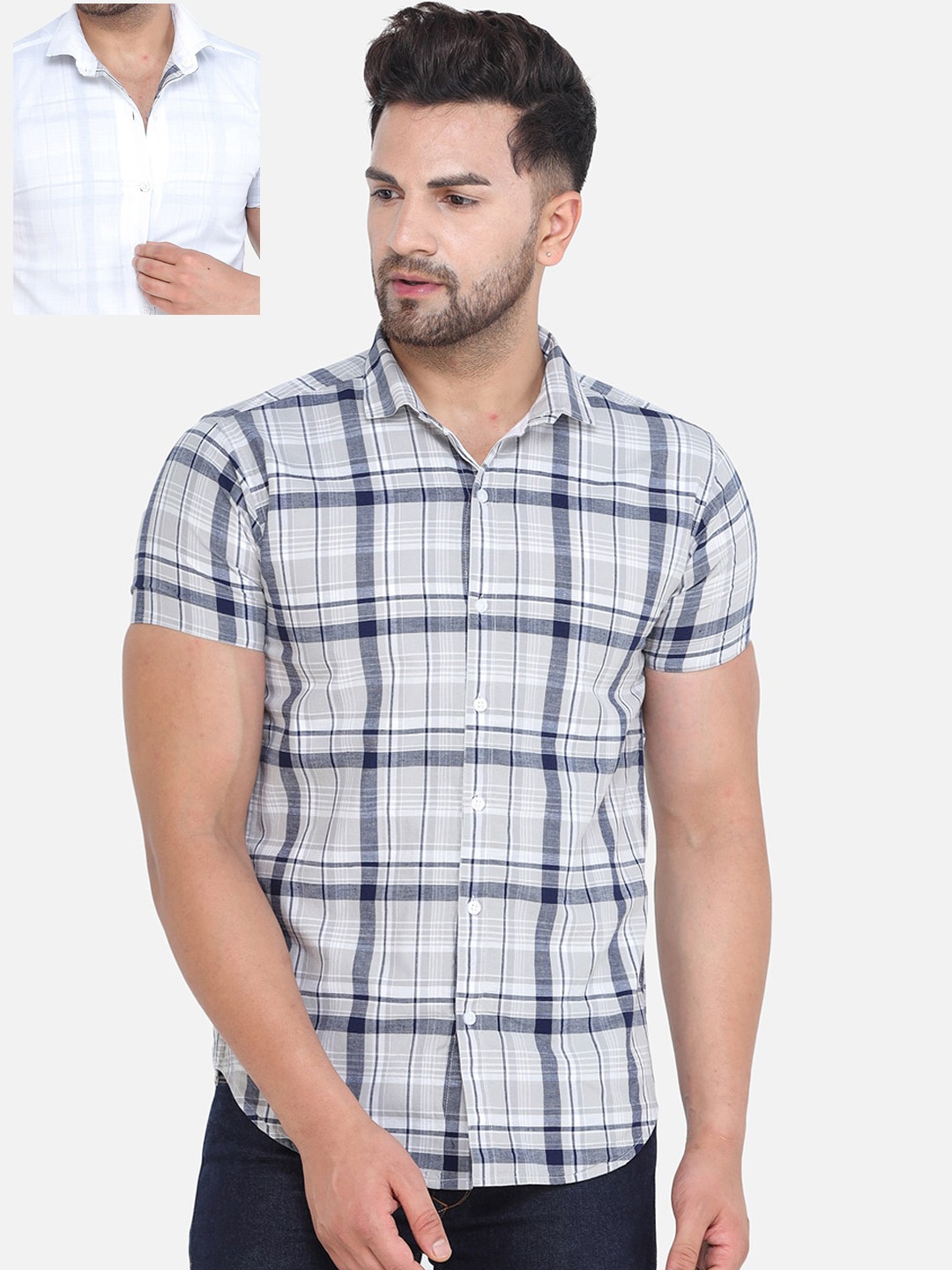 

COLVYNHARRIS JEANS Men Grey & White Slim Fit Tartan Checked Casual Reversible Shirt