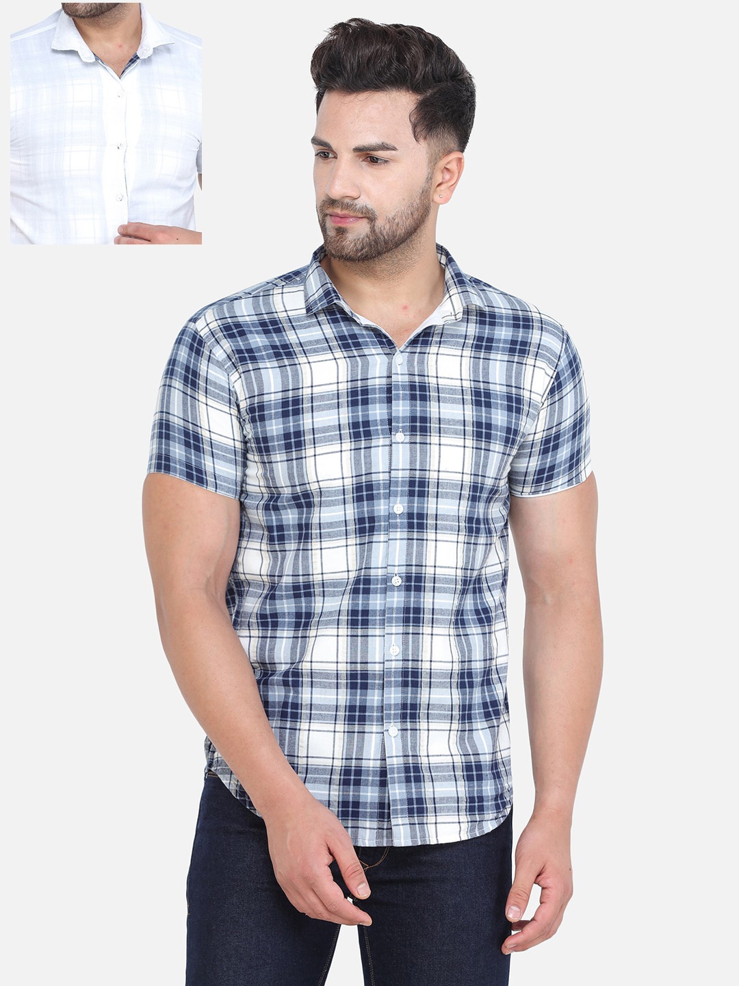 

COLVYNHARRIS JEANS Men Blue & White Slim Fit Tartan Checked Casual Reversible Shirt