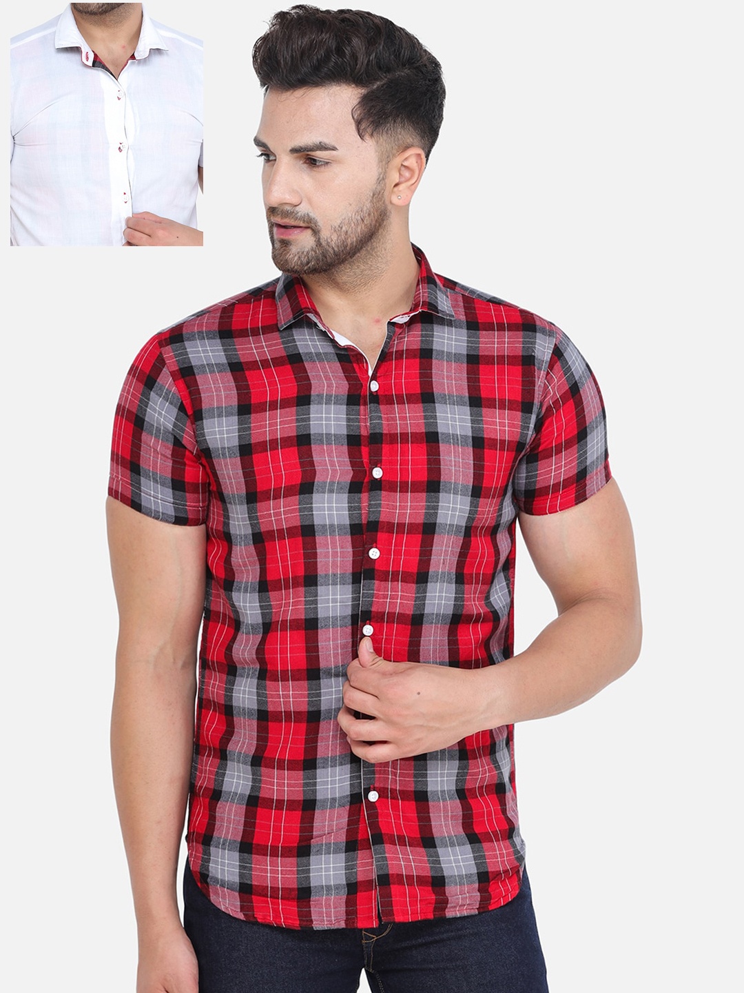

COLVYNHARRIS JEANS Men Red & White Slim Fit Checked Casual Reversible Shirt