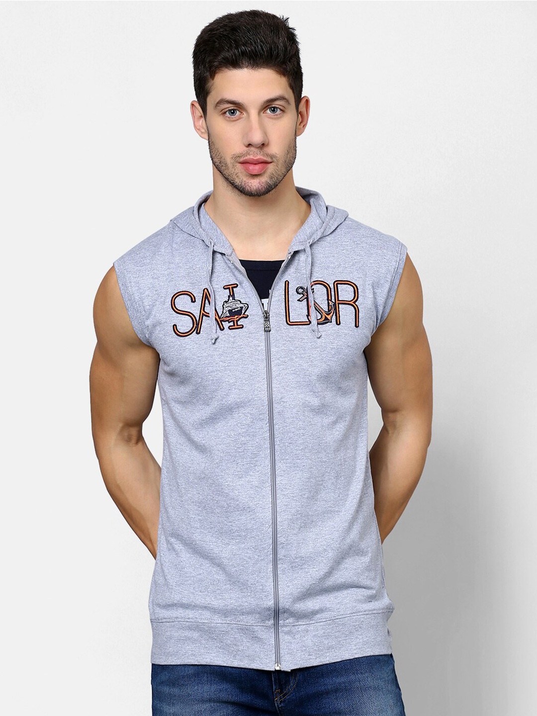 

V2 Value & Variety Men Grey Melange Typography Printed Cotton Hood T-shirt