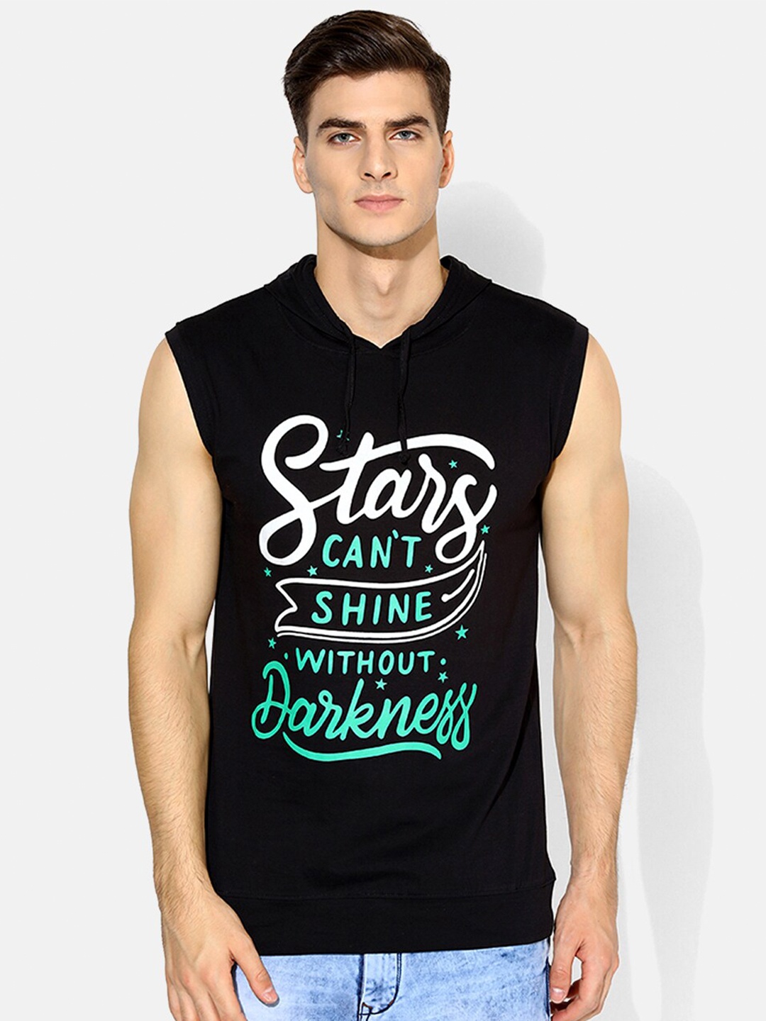 

V2 Value & Variety Men Black & Sea Green Typography Printed Cotton Hood T-shirt